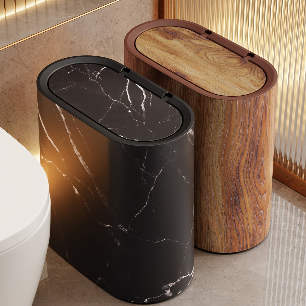 Papelera con estampado de mármol | Cubo moderno para baño y cocina con tapa