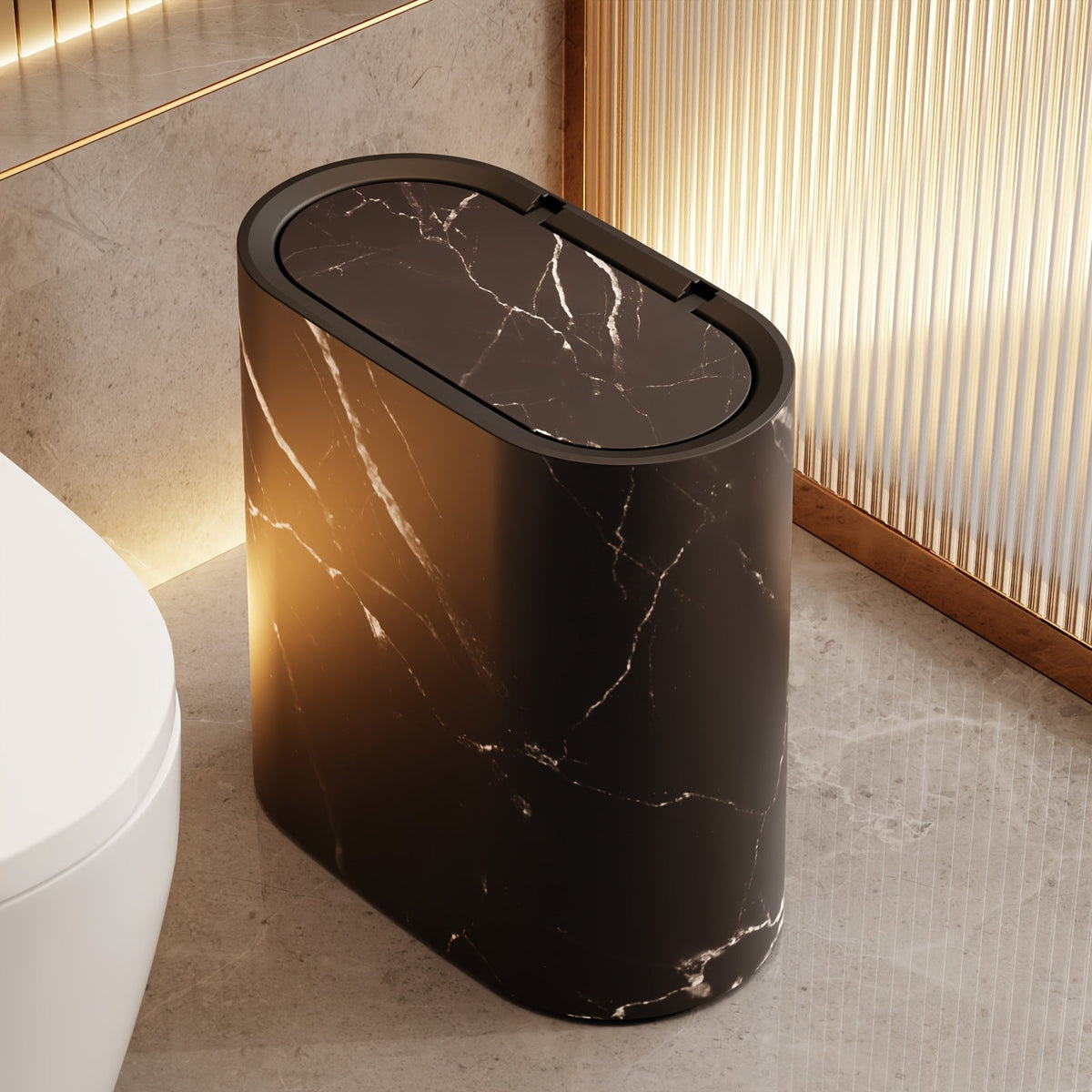 Papelera con estampado de mármol | Cubo moderno para baño y cocina con tapa