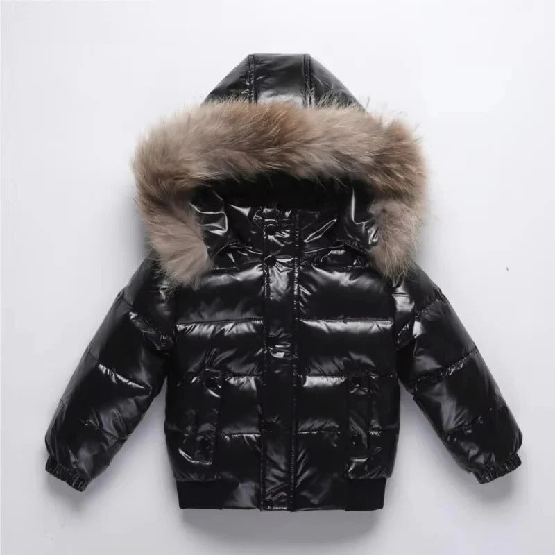 Parka de invierno para niños, chaqueta acolchada de plumón, ribete de pelo auténtico en la capucha, exterior resistente 