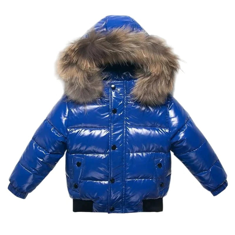 Parka de invierno para niños, chaqueta acolchada de plumón, ribete de pelo auténtico en la capucha, exterior resistente 
