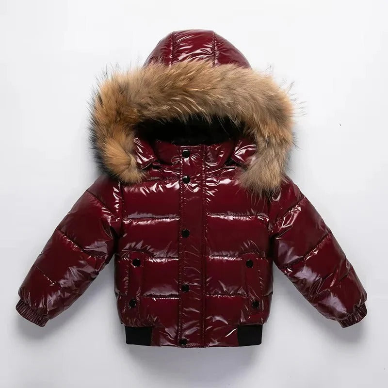 Parka de invierno para niños, chaqueta acolchada de plumón, ribete de pelo auténtico en la capucha, exterior resistente 