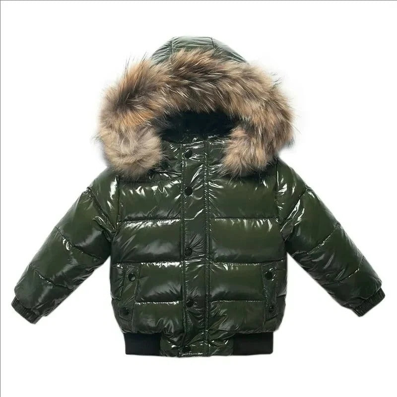 Parka de invierno para niños, chaqueta acolchada de plumón, ribete de pelo auténtico en la capucha, exterior resistente 