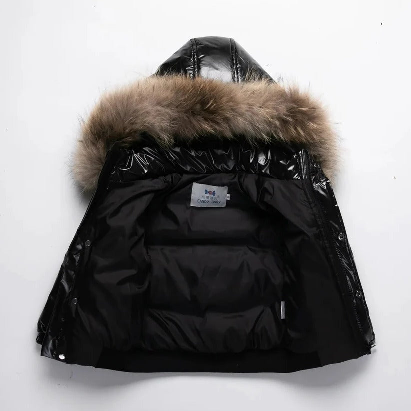 Parka de invierno para niños, chaqueta acolchada de plumón, ribete de pelo auténtico en la capucha, exterior resistente 