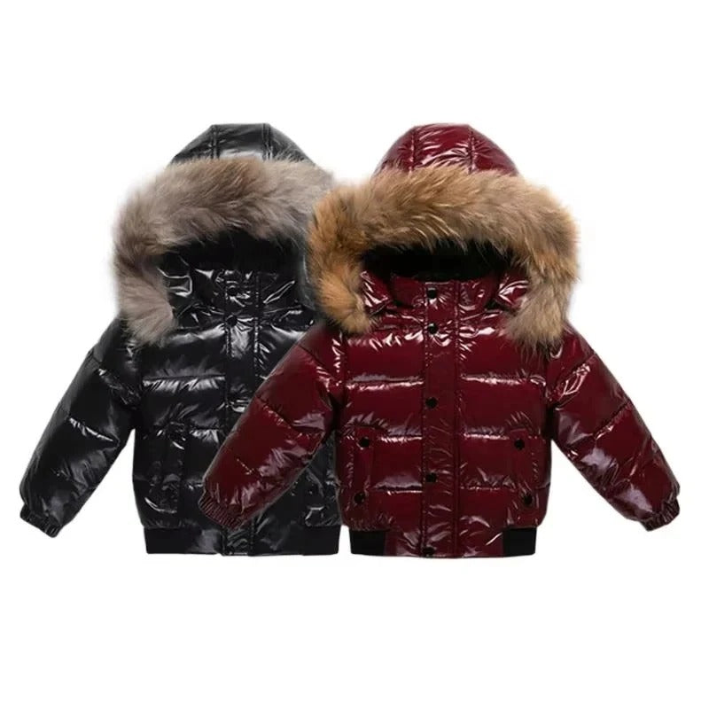 Parka de invierno para niños, chaqueta acolchada de plumón, ribete de pelo auténtico en la capucha, exterior resistente 