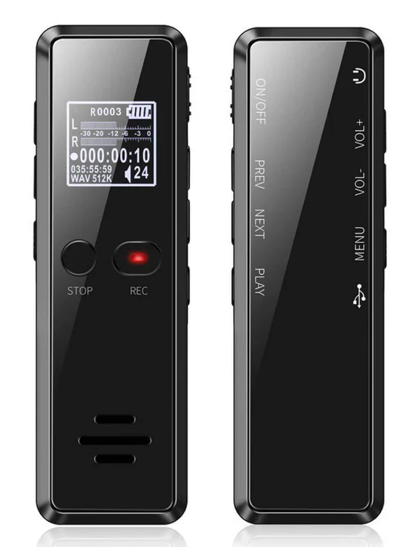 Grabadora de voz digital portátil con guardado automático y reducción de ruido.