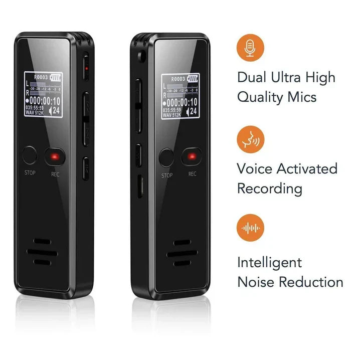 Grabadora de voz digital portátil con guardado automático y reducción de ruido.