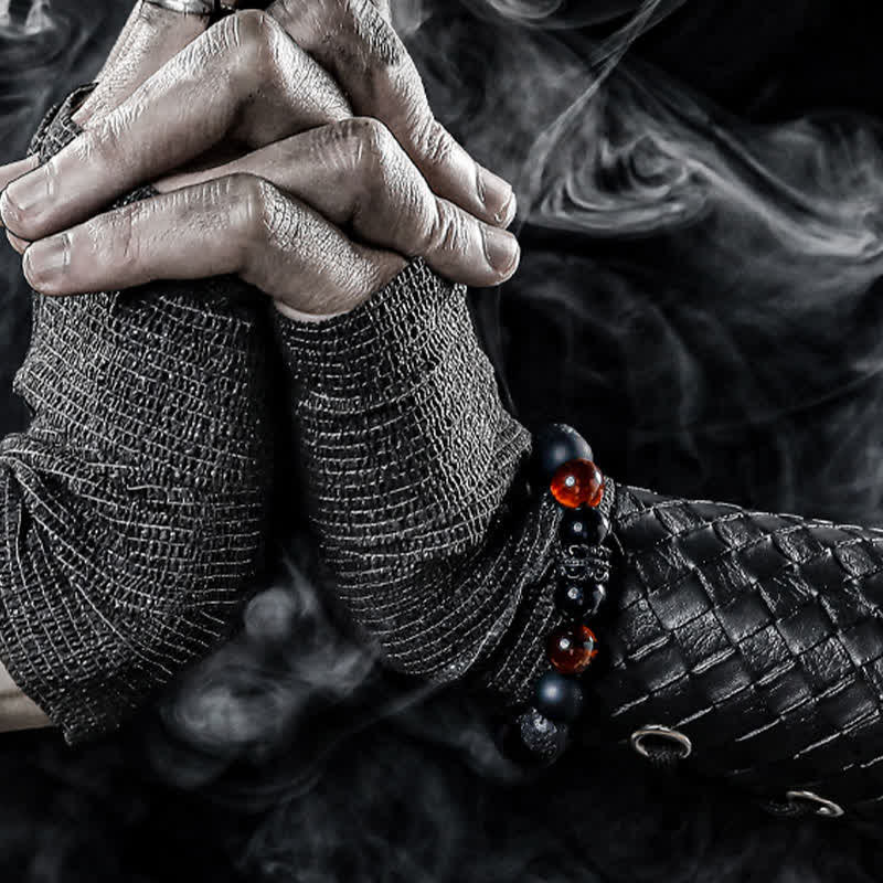 Ragnar - Pulsera de Guerrero Negro Lord con Cuentas de Cristal Natural