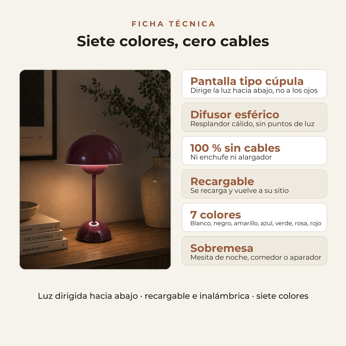 Lámpara de mesa inalámbrica recargable con pantalla tipo seta