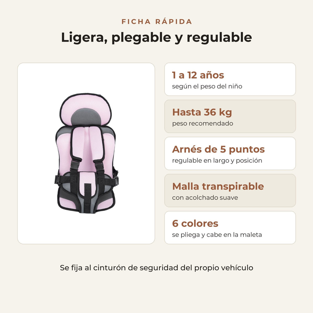 Silla de coche portátil con arnés de cinco puntos