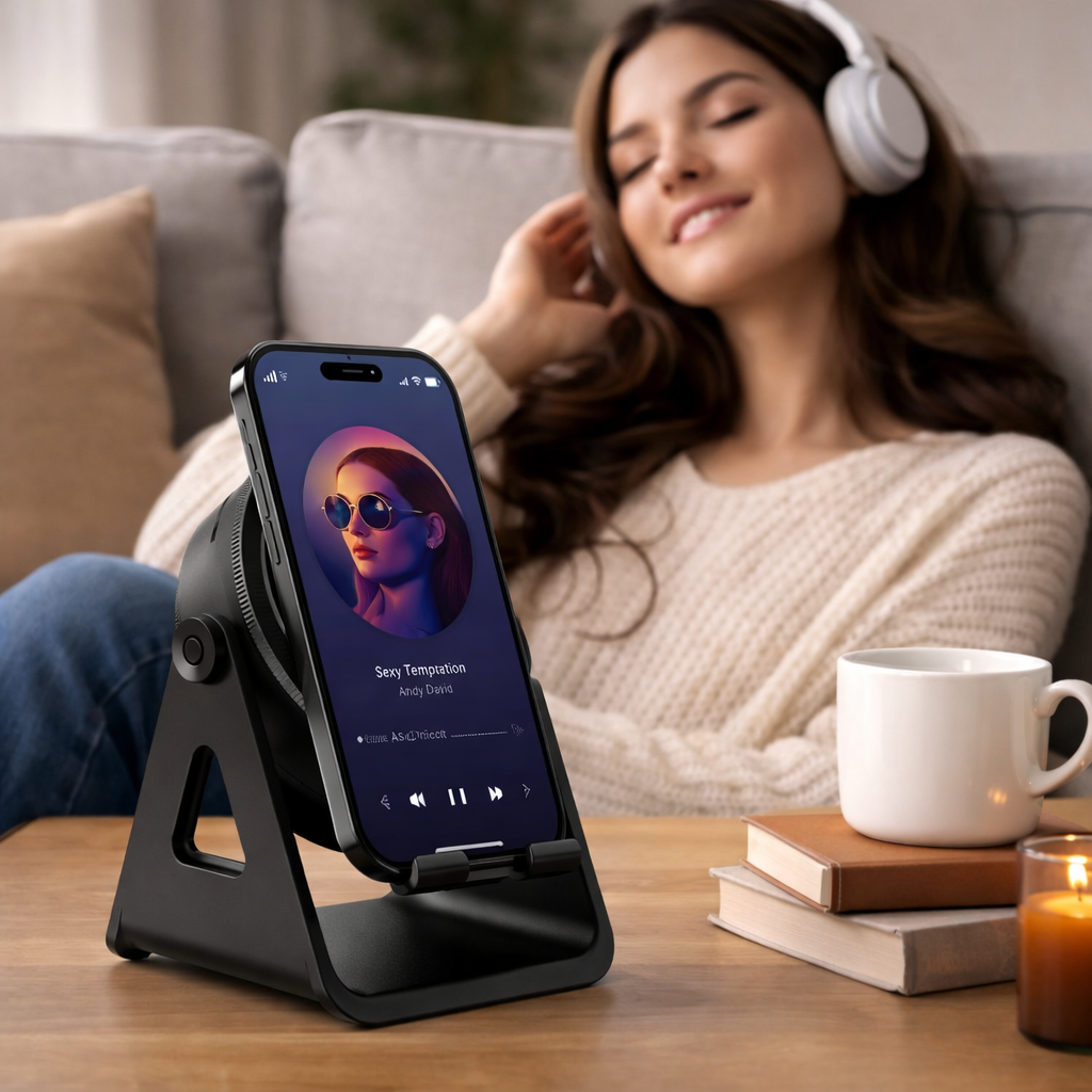 Soporte de móvil por inducción con altavoz Bluetooth y cargador inalámbrico