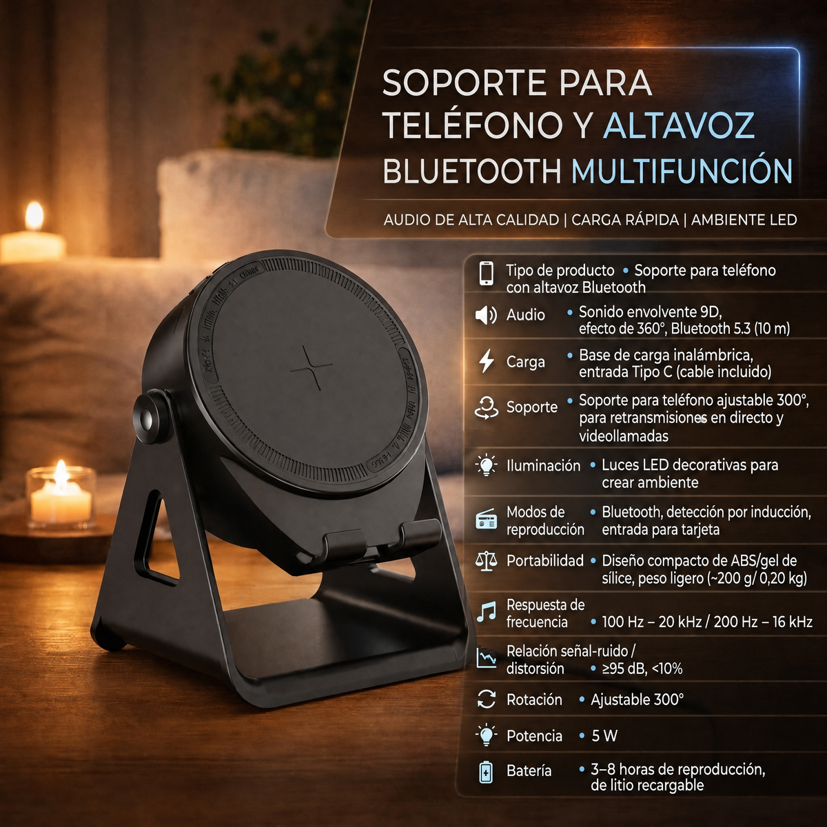 Soporte de móvil por inducción con altavoz Bluetooth y cargador inalámbrico