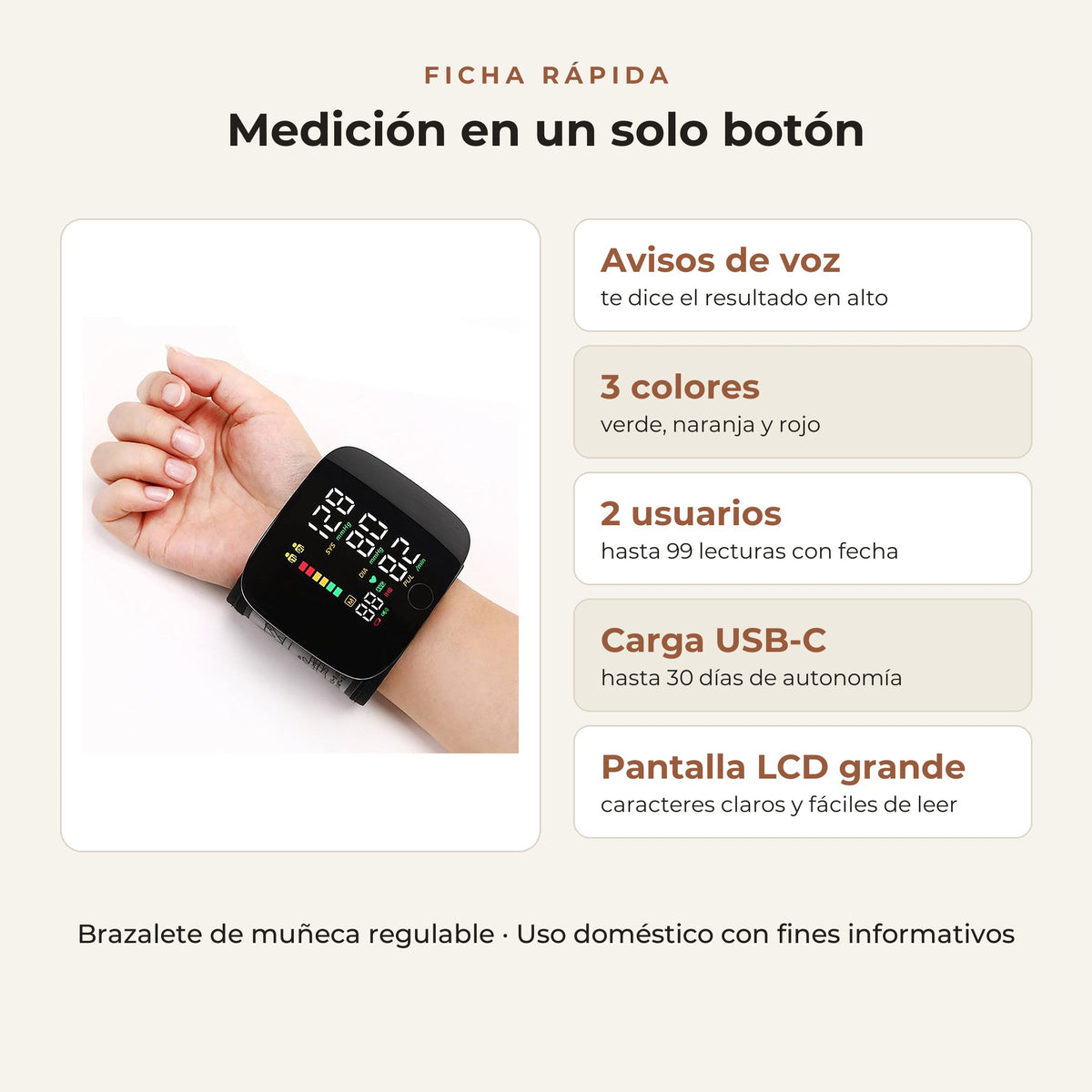 Tensiómetro de muñeca digital con avisos de voz