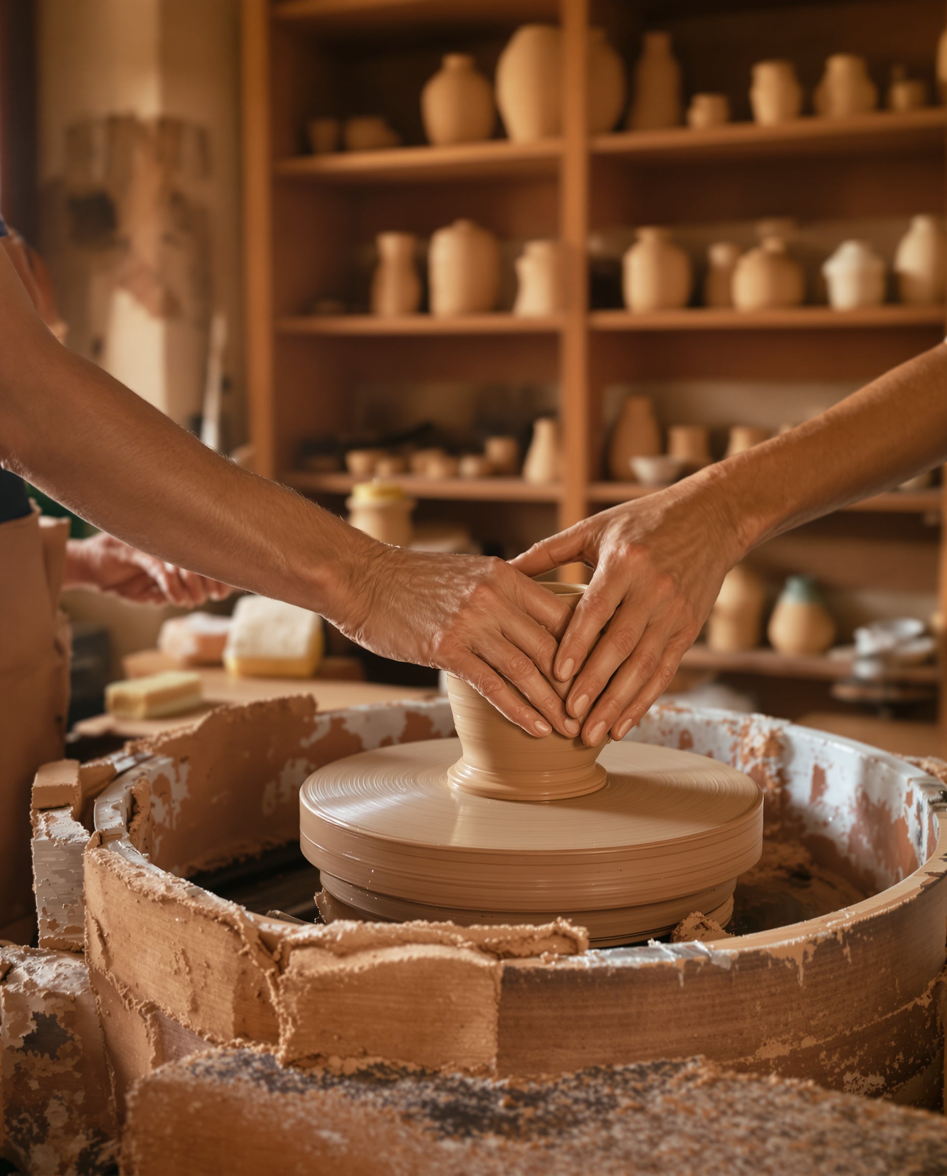 Taller cerámico — manos modelando arcilla en torno de alfarero