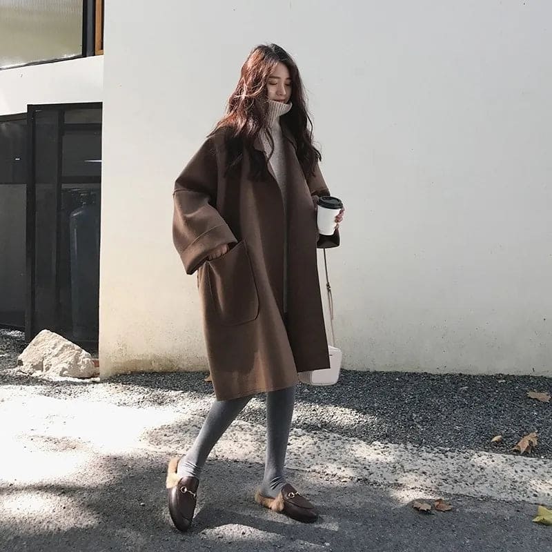 Abrigo oversize de mujer con solapas y bolsillos de parche, puños vueltos y hombros caídos, café o negro, tallas S a 4XL