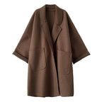 Abrigo oversize de mujer con solapas y bolsillos de parche, puños vueltos y hombros caídos, café o negro, tallas S a 4XL