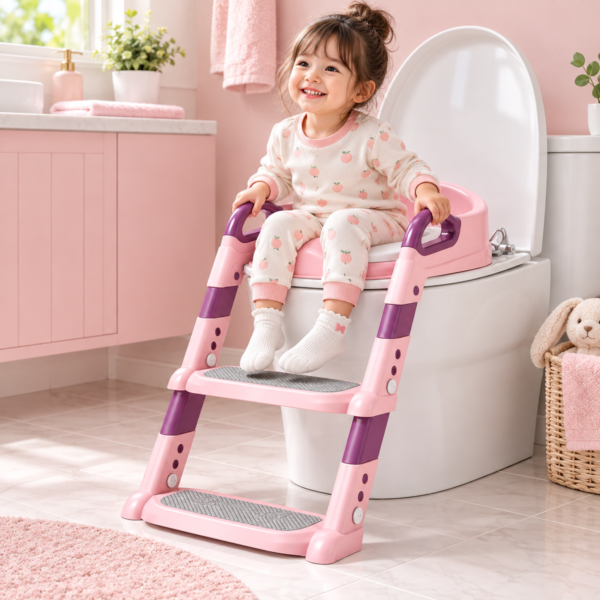 Asiento reductor de inodoro con escalera plegable para niños