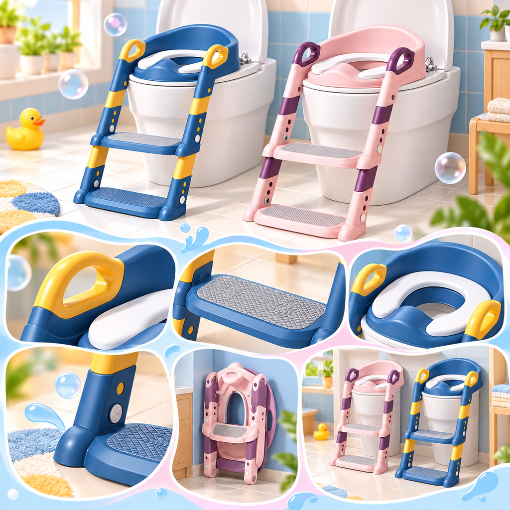 Asiento reductor de inodoro con escalera plegable para niños