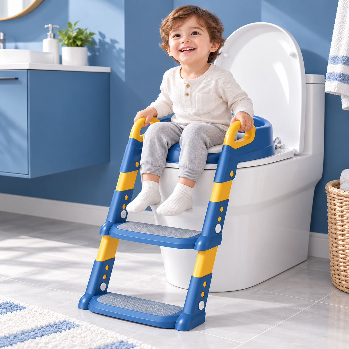 Asiento reductor de inodoro con escalera plegable para niños