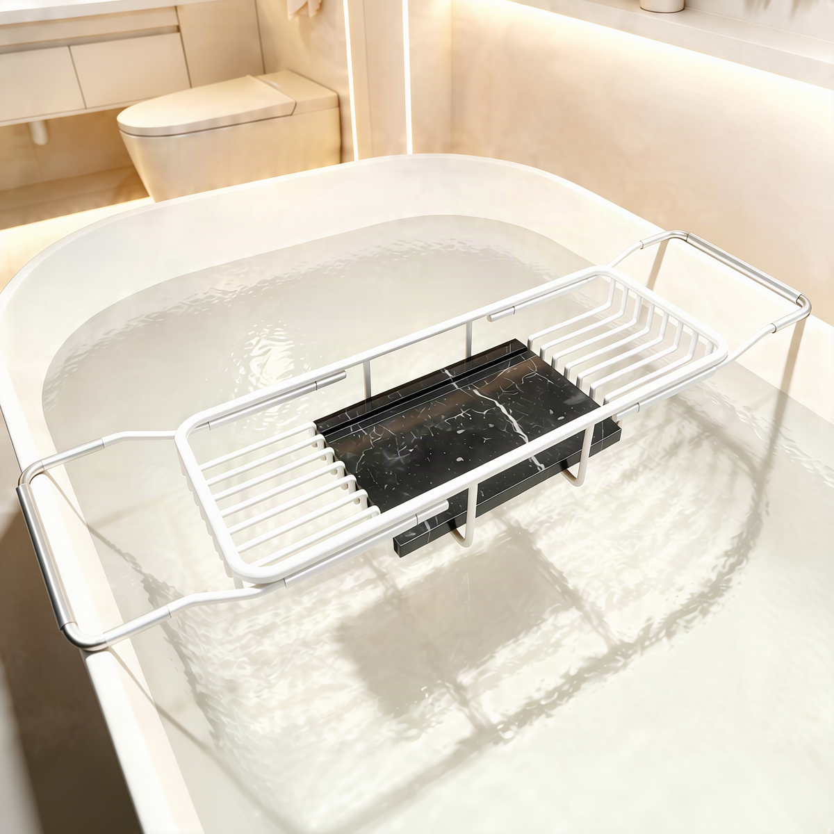 Bandeja extensible de acero inoxidable para bañera