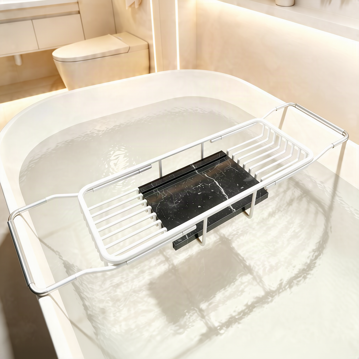 Bandeja extensible de acero inoxidable para bañera