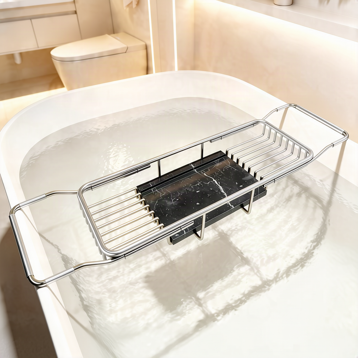 Bandeja extensible de acero inoxidable para bañera