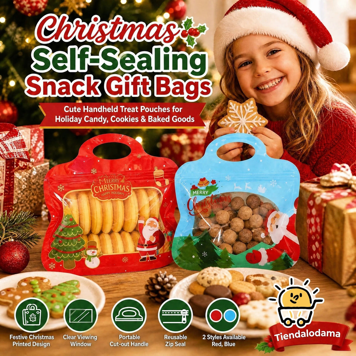 Bolsas navideñas para golosinas autocierre fácil – Diseño Papá Noel y muñeco de nieve | Resellables, aptas para alimento