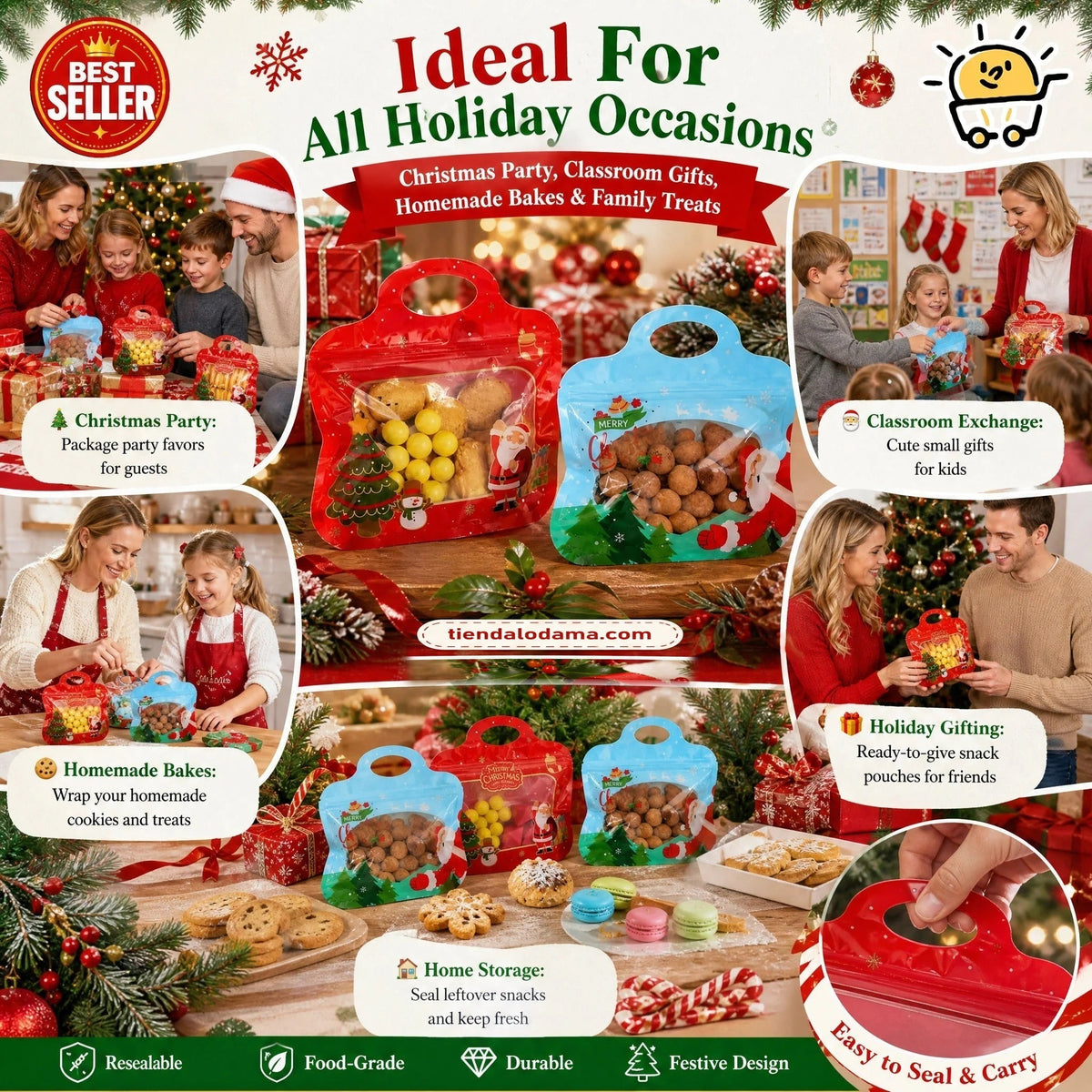 Bolsas navideñas para golosinas autocierre fácil – Diseño Papá Noel y muñeco de nieve | Resellables, aptas para alimento
