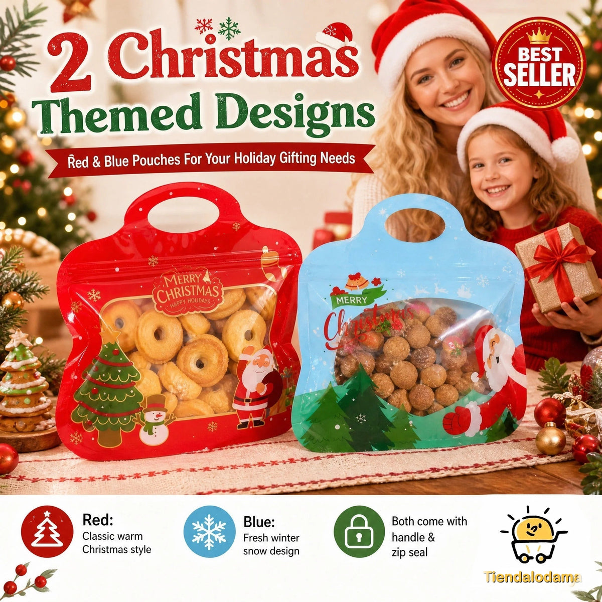 Bolsas navideñas para golosinas autocierre fácil – Diseño Papá Noel y muñeco de nieve | Resellables, aptas para alimento