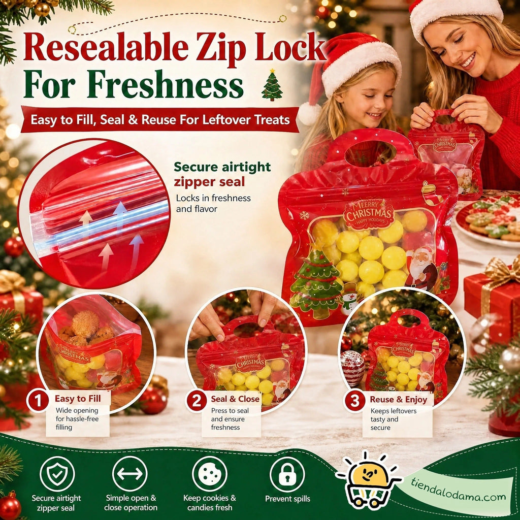 Bolsas navideñas para golosinas autocierre fácil – Diseño Papá Noel y muñeco de nieve | Resellables, aptas para alimento
