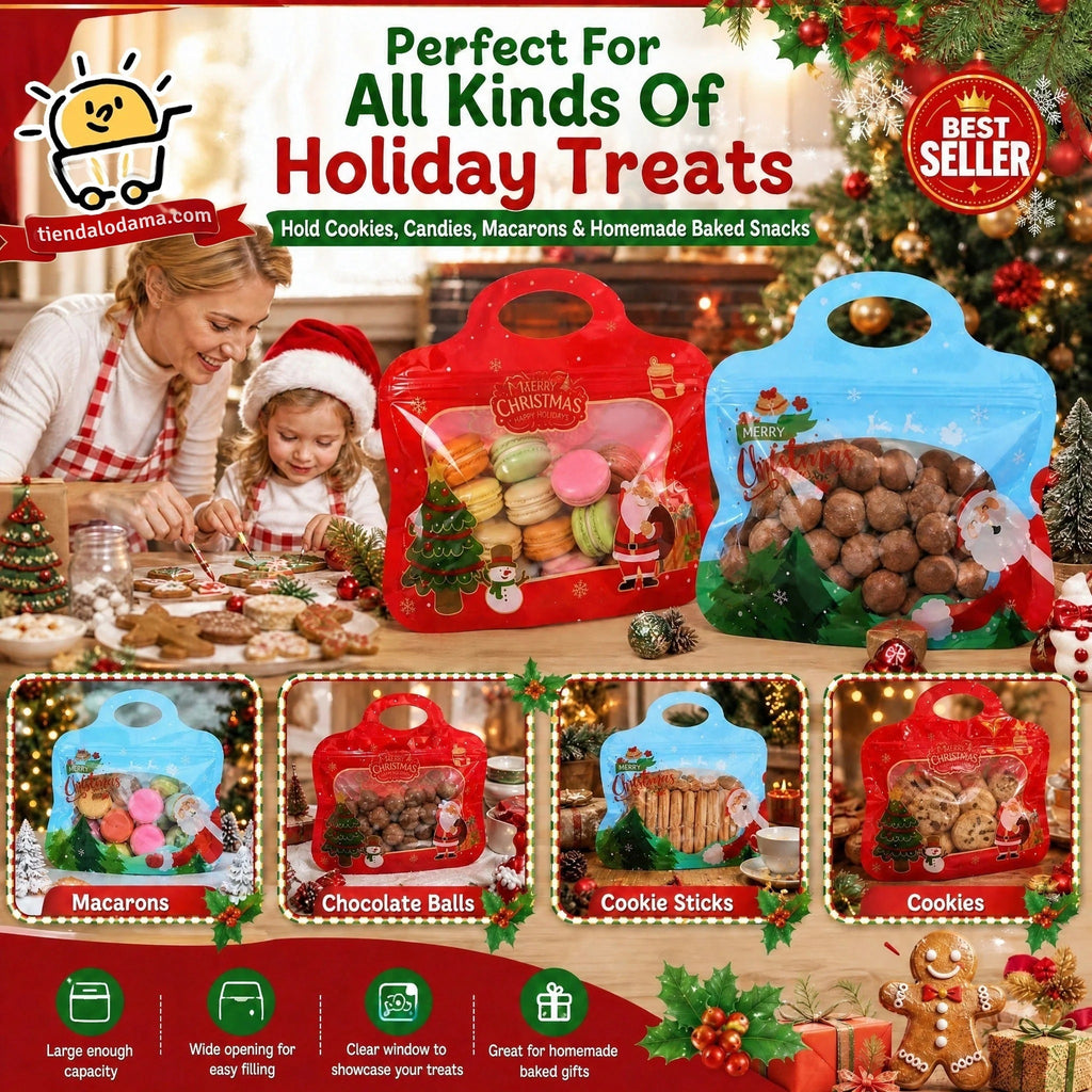 Bolsas navideñas para golosinas autocierre fácil – Diseño Papá Noel y muñeco de nieve | Resellables, aptas para alimento