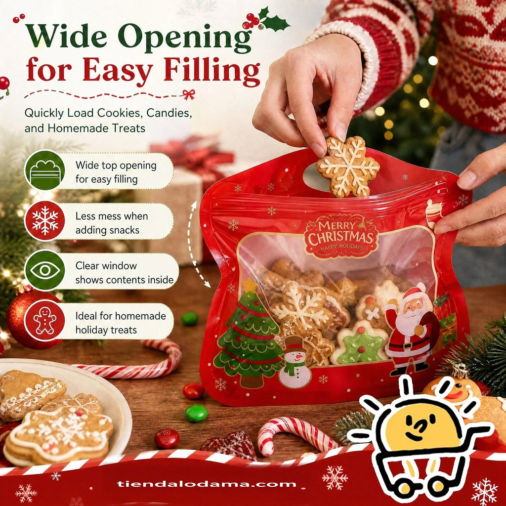 Bolsas navideñas para golosinas autocierre fácil – Diseño Papá Noel y muñeco de nieve | Resellables, aptas para alimento