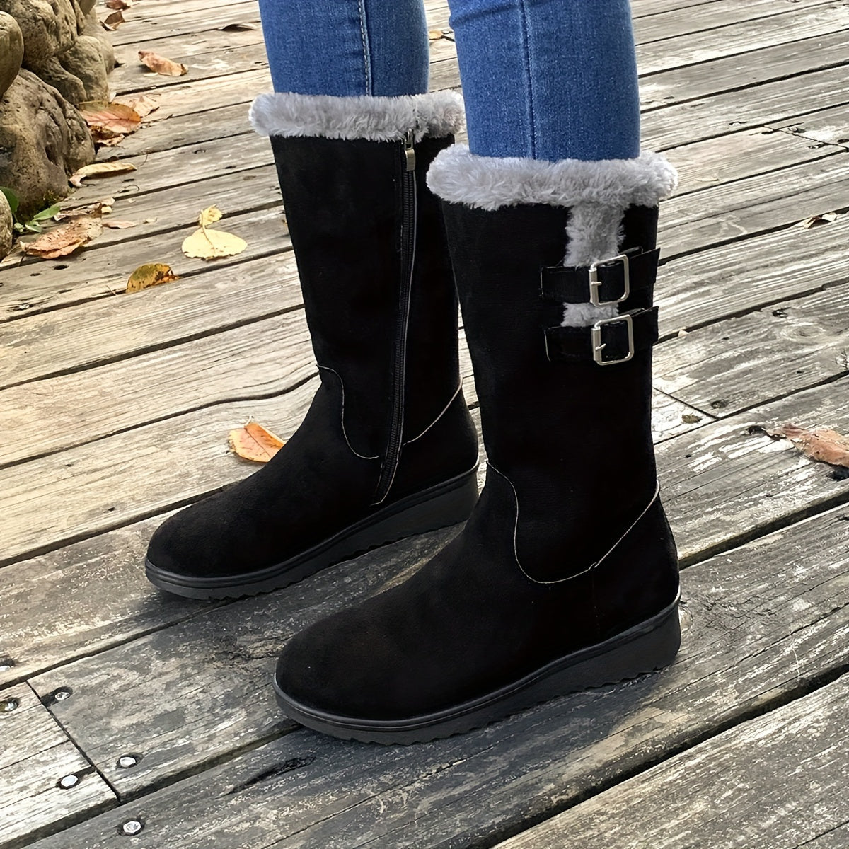 Botas de invierno forradas de pelo para mujer con cremallera lateral, doble hebilla y suela antideslizante, 3 colores, t