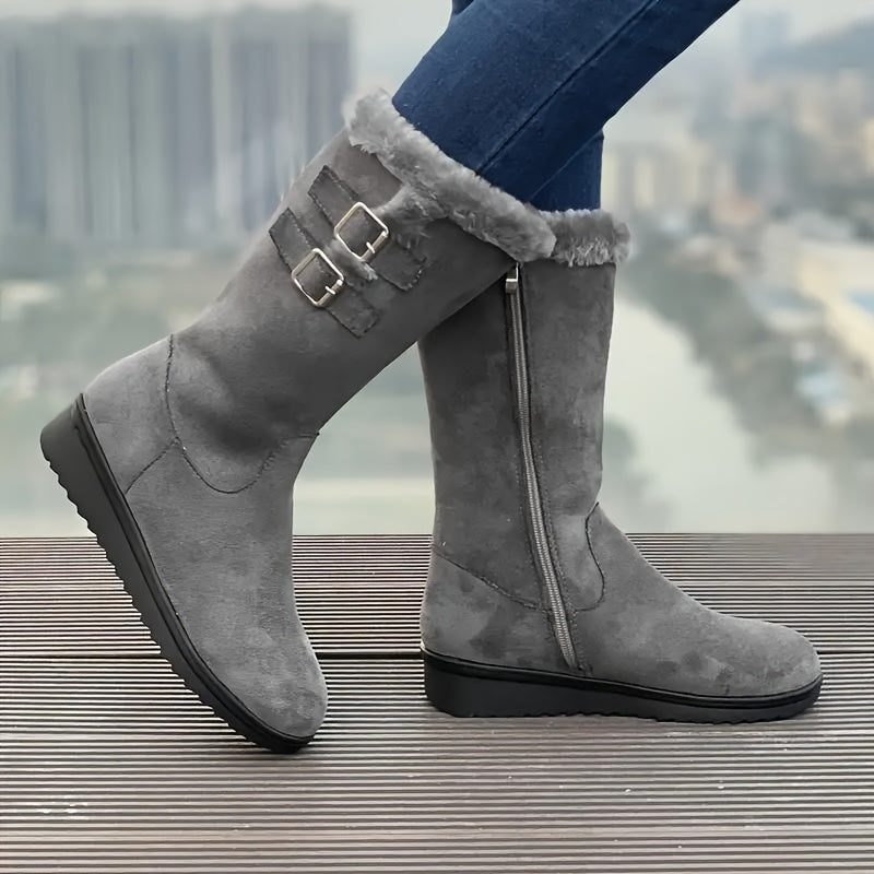 Botas de invierno forradas de pelo para mujer con cremallera lateral, doble hebilla y suela antideslizante, 3 colores, t