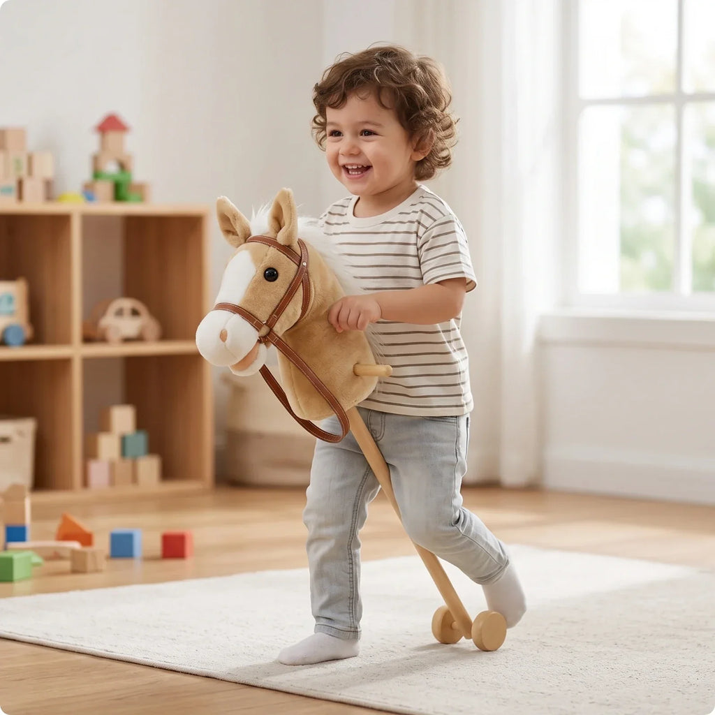 Caballo de palo de peluche con ruedas - Juguete de montar para niños pequeños