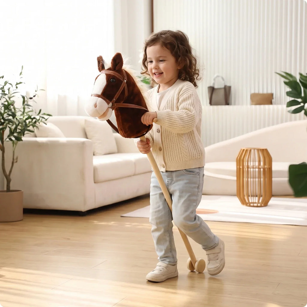 Caballo de palo de peluche con ruedas - Juguete de montar para niños pequeños