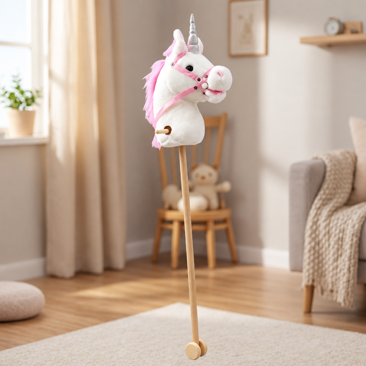 Caballo de palo de peluche con ruedas - Juguete de montar para niños pequeños