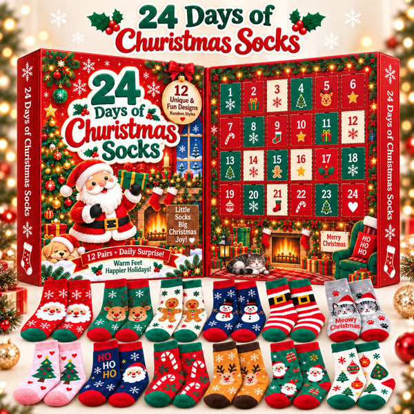 Calendario de adviento de calcetines de Navidad de 24 días, Caja regalo sorpresa de 12 pares, Diseños festivos aleatorios, Cuenta atrás navideña para niños/mujeres