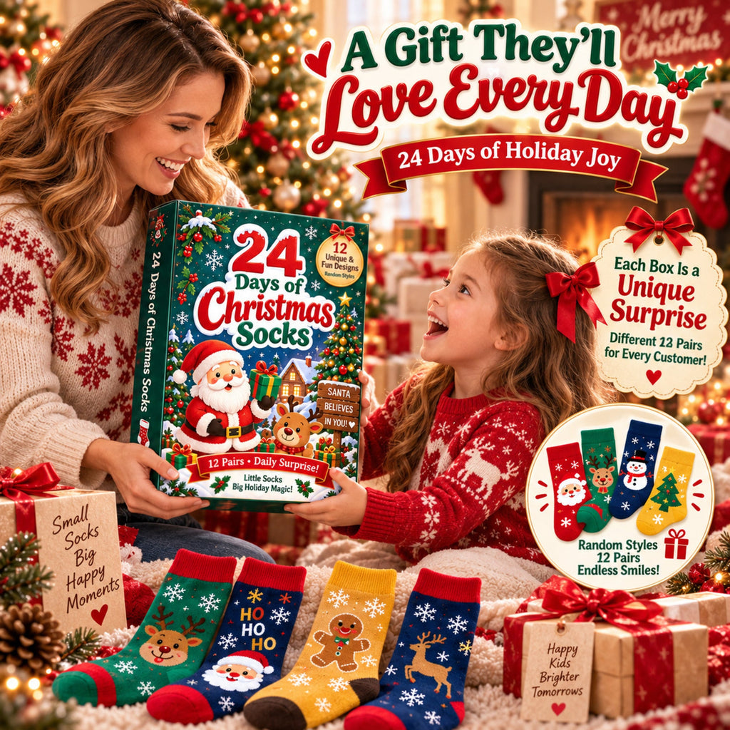 Calendario de adviento de calcetines de Navidad de 24 días, Caja regalo sorpresa de 12 pares, Diseños festivos aleatorio