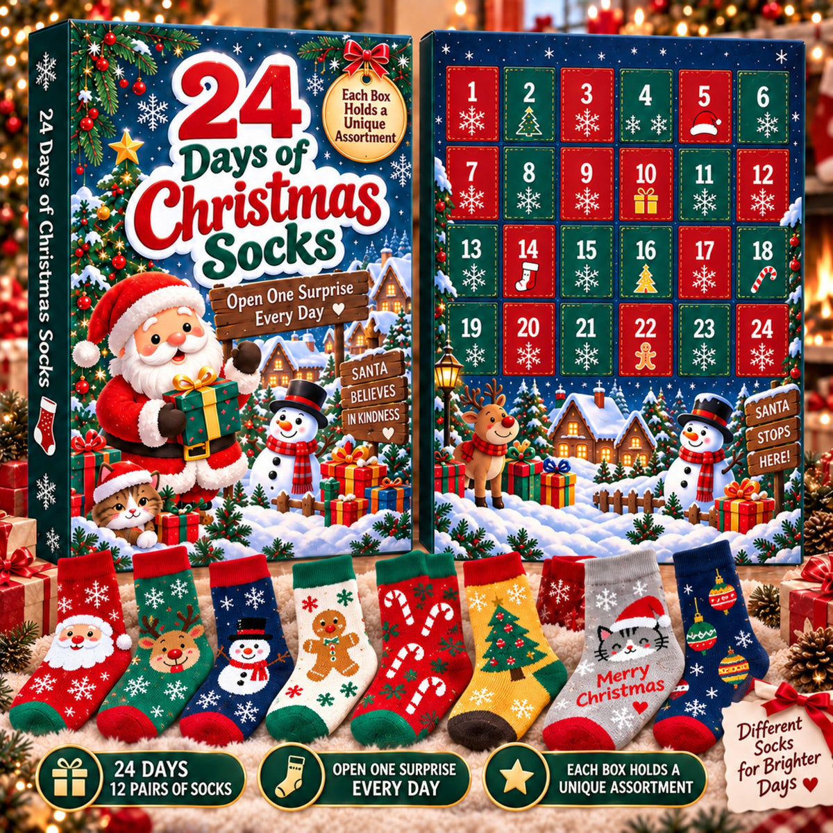 Calendario de adviento de calcetines de Navidad de 24 días, Caja regalo sorpresa de 12 pares, Diseños festivos aleatorio