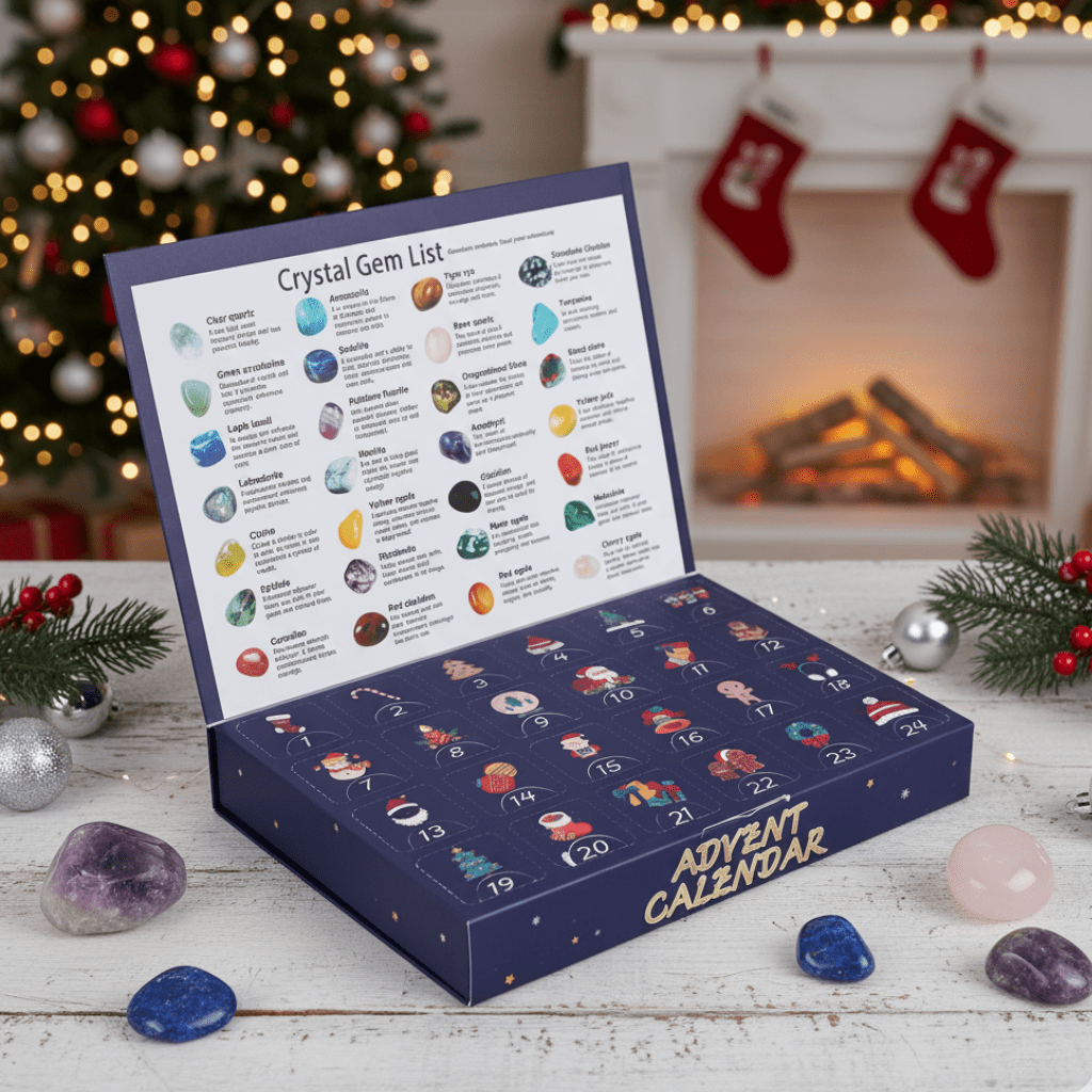 Calendario de adviento de cristales con 24 piedras naturales, calendario de adviento para niños con piedras pulidas cole