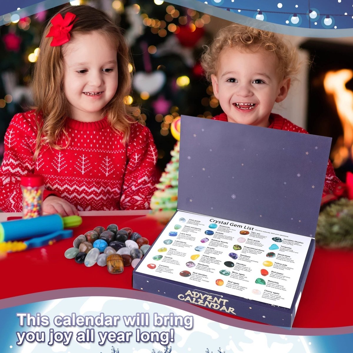Calendario de adviento de cristales con 24 piedras naturales, calendario de adviento para niños con piedras pulidas cole