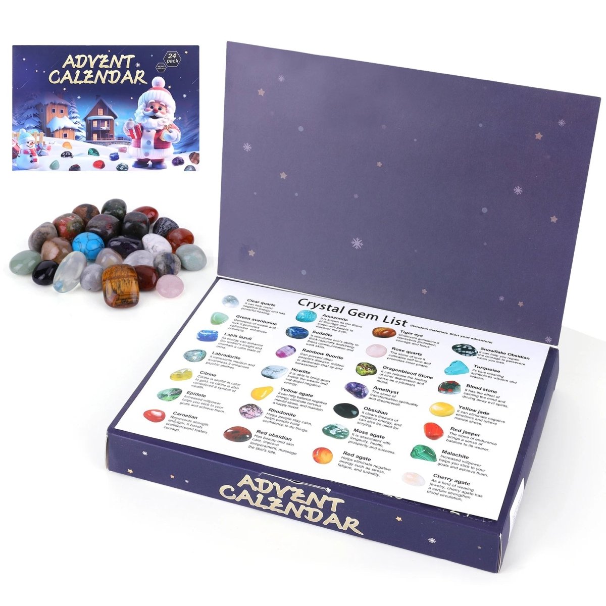 Calendario de adviento de cristales con 24 piedras naturales, calendario de adviento para niños con piedras pulidas cole