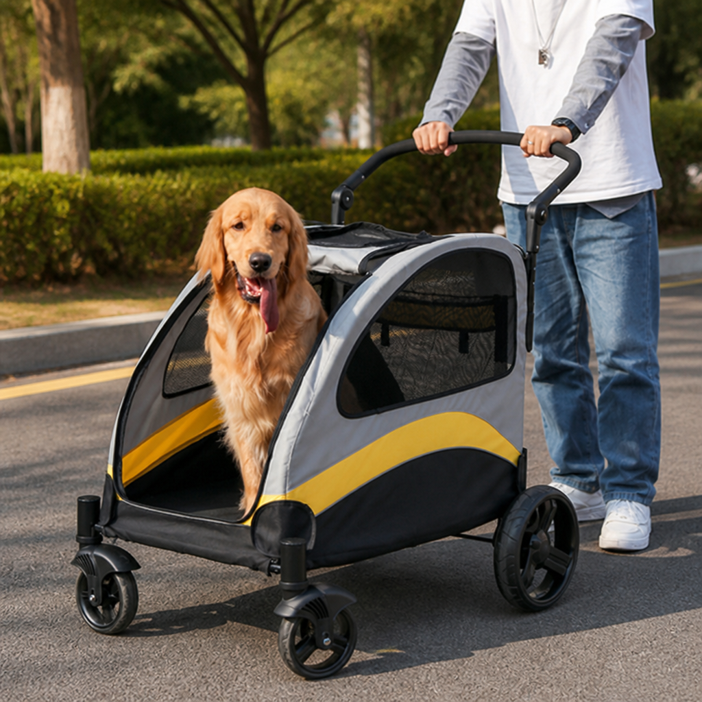 Carrito plegable de 4 ruedas con malla transpirable para mascotas
