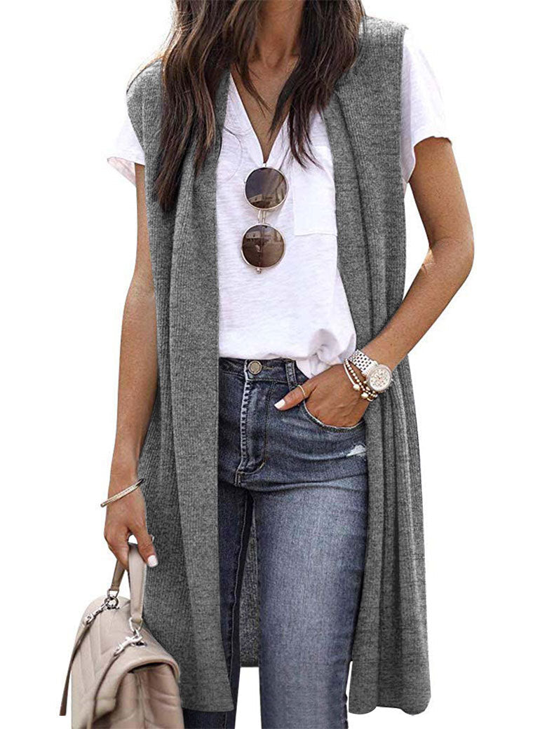 Chaleco de punto oversize de manga corta con abertura frontal para mujer