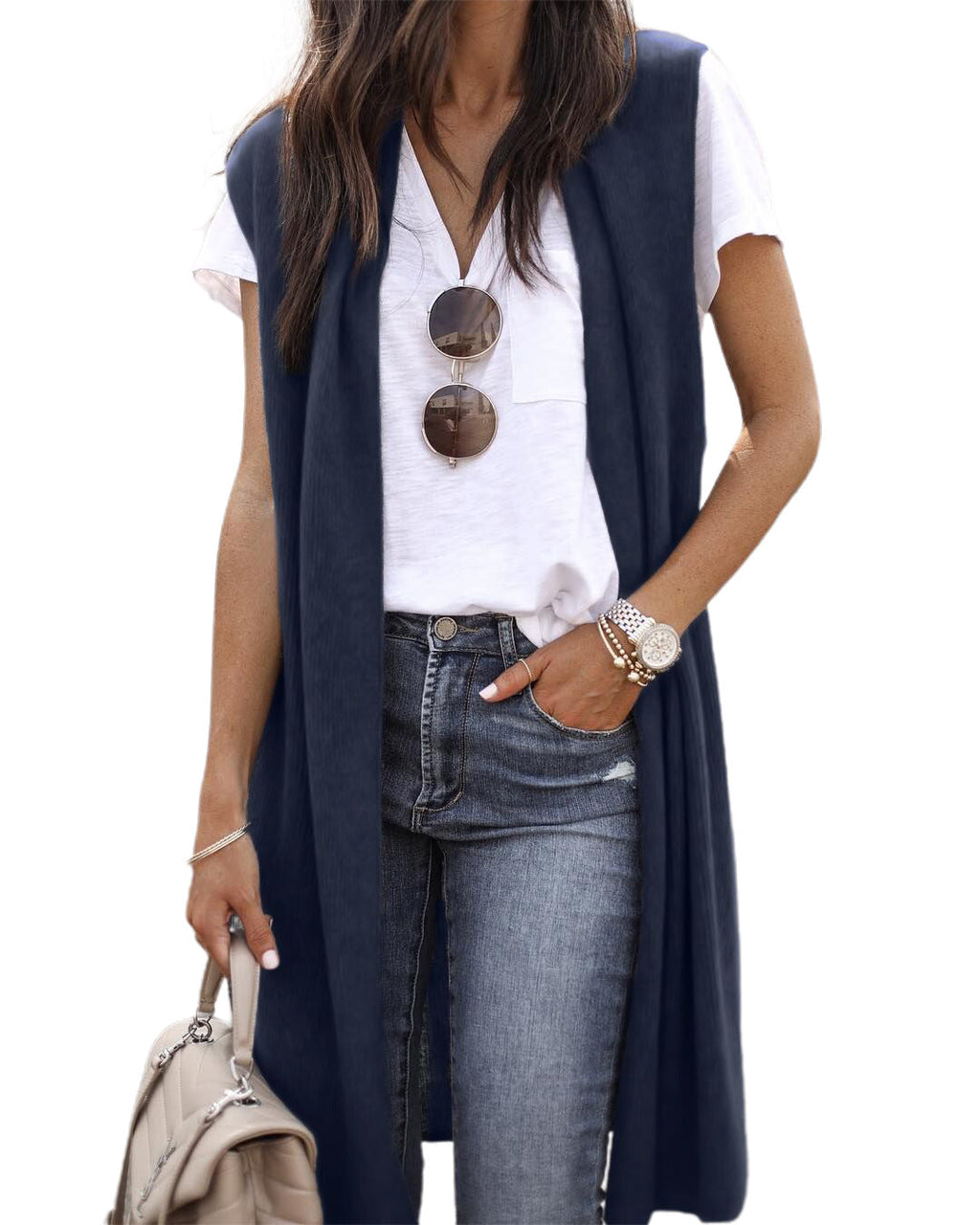 Chaleco de punto oversize de manga corta con abertura frontal para mujer