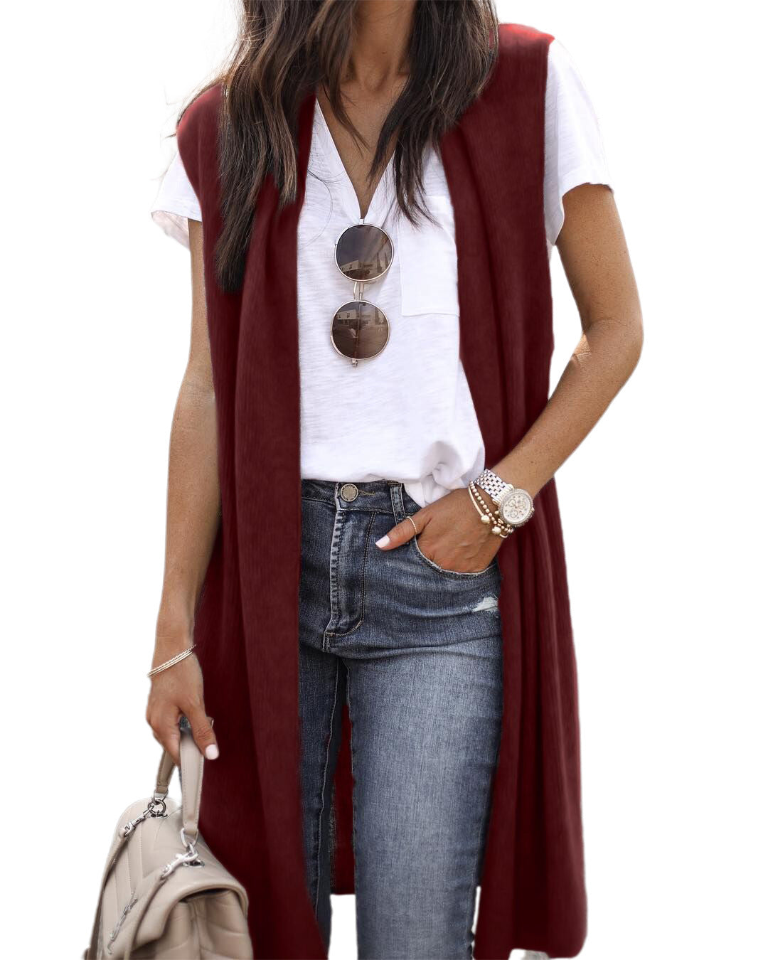 Chaleco de punto oversize de manga corta con abertura frontal para mujer