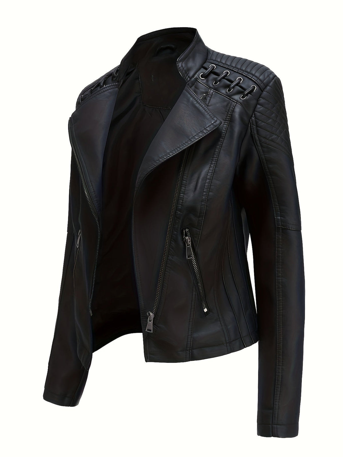 Chaqueta biker de mujer, cazadora corta efecto piel con cremallera asimétrica, solapas y cordones con ojales en los homb