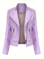 Chaqueta biker de mujer, cazadora corta efecto piel con cremallera asimétrica, solapas y cordones con ojales en los homb