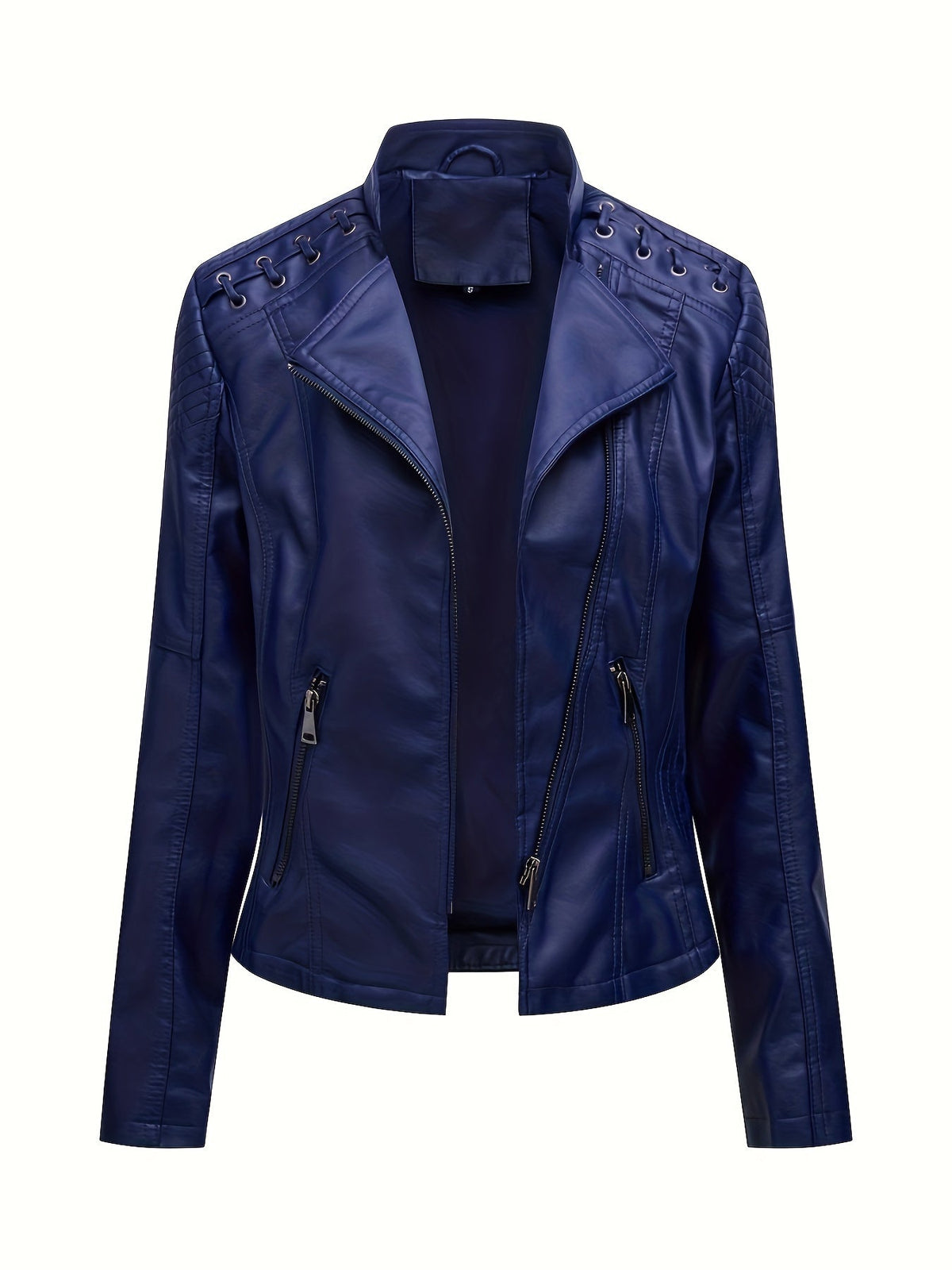 Chaqueta biker de mujer, cazadora corta efecto piel con cremallera asimétrica, solapas y cordones con ojales en los homb