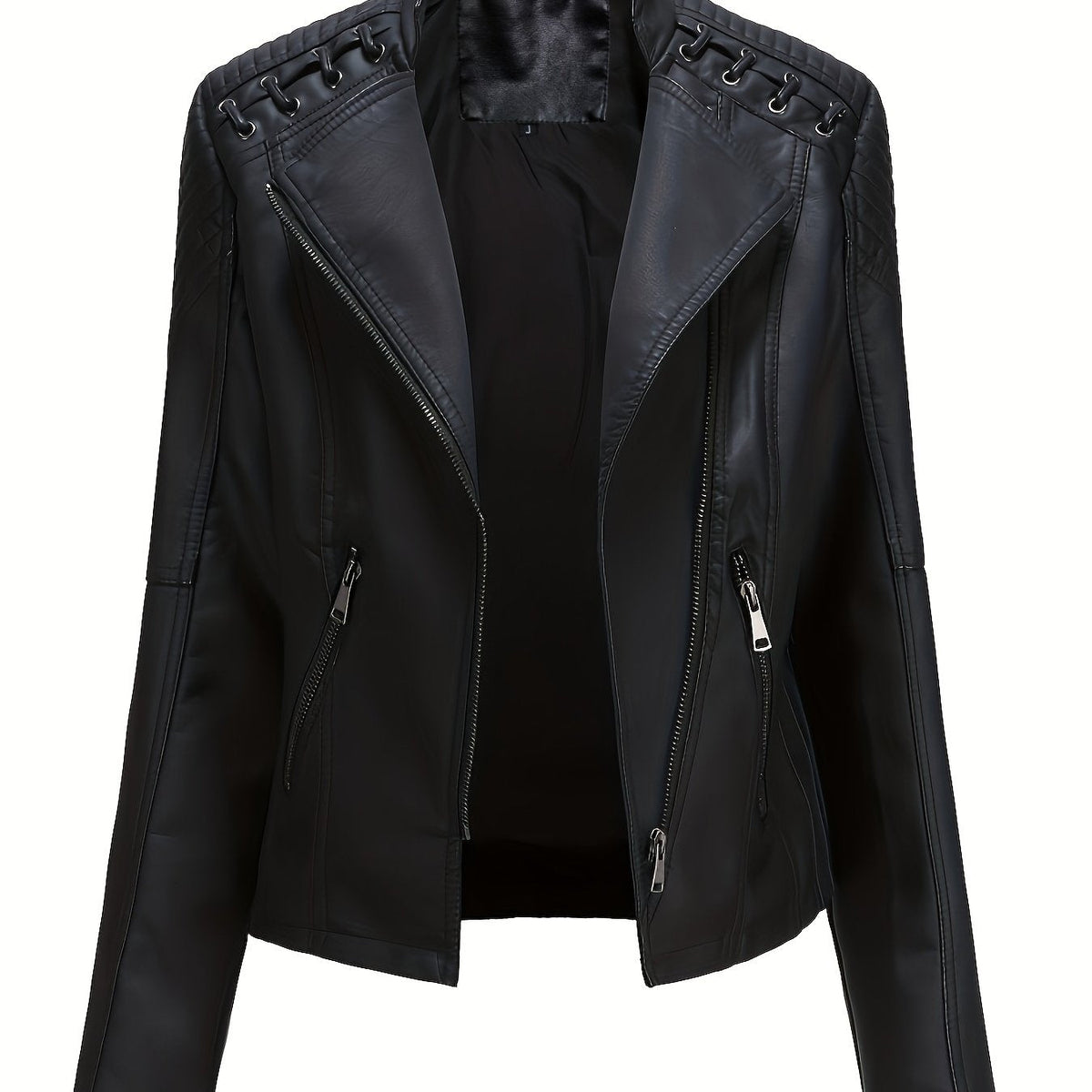 Chaqueta biker de mujer, cazadora corta efecto piel con cremallera asimétrica, solapas y cordones con ojales en los homb